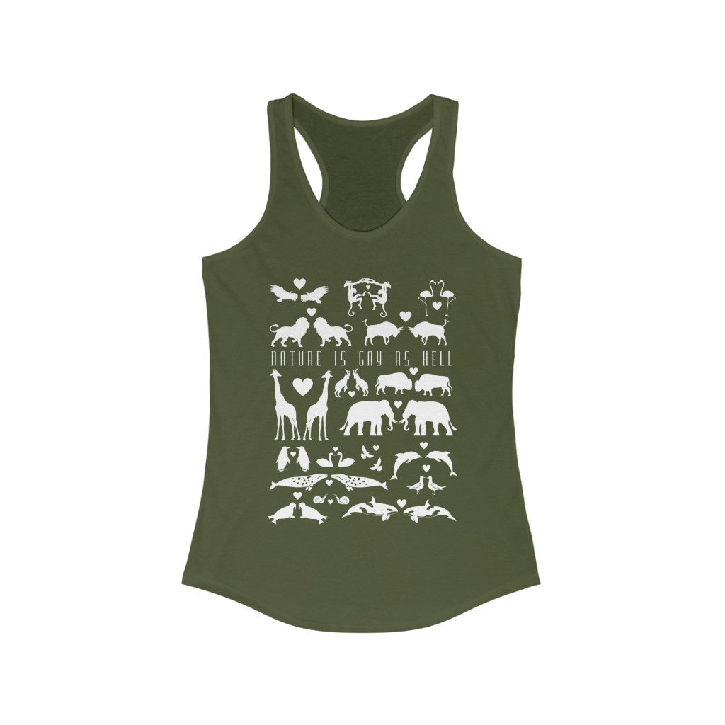 Nature is Gay As Hell Tank, with text  ("Women's" Fit but Gender is Dead)